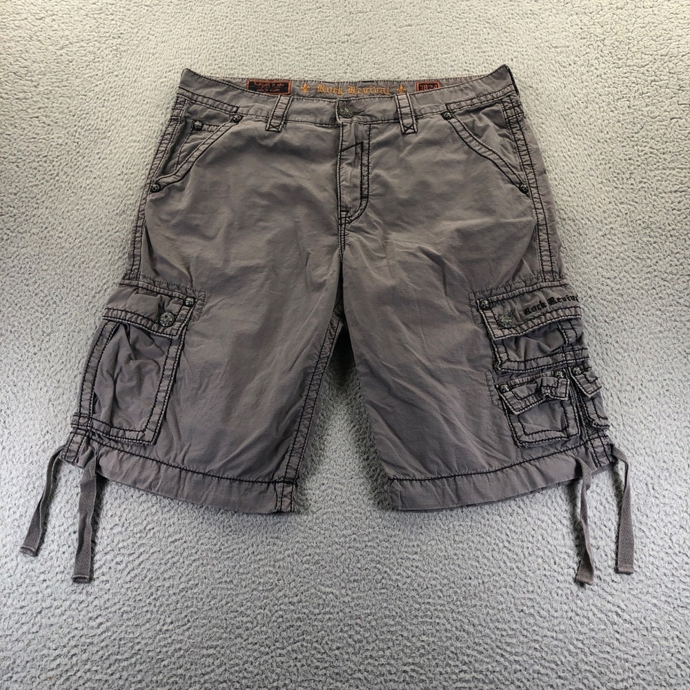 Rock Revival Shorts Mens 38 (Fits 40) Gray Cargo Y2K Drawstring  Embroidered